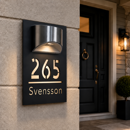 Solcellsdriven LED Adresskylt 22 × 35 cm – Svart med Guld- eller Silverfärgad Text