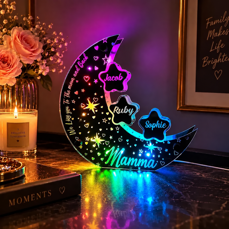 MoonGlow LED-månlampa tänd med namn i stjärnorna och Mamma