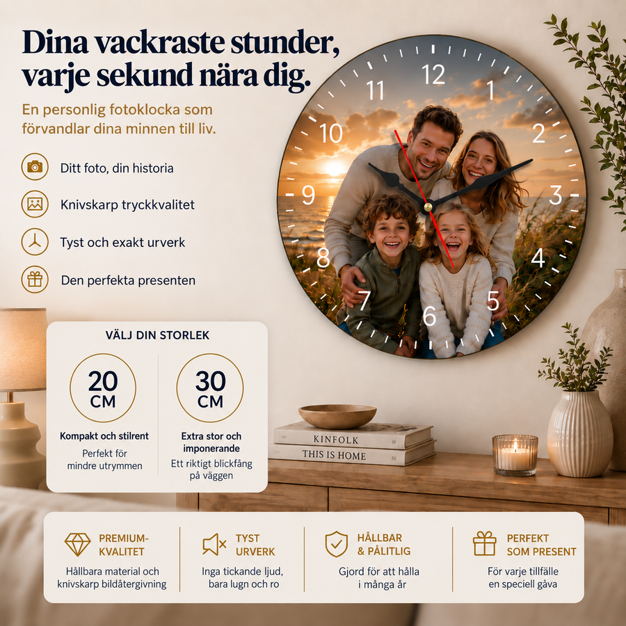 MemoraClock – Väggklocka med Eget Foto, Tyst Urverk, 20 eller 30 cm