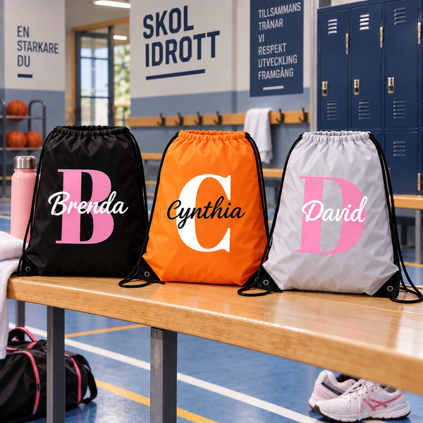 GymSack gympåsar med stor initial och namn i tre färger