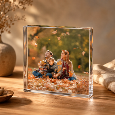 Akrylblock med familjefoto på ett träbord med höstlöv