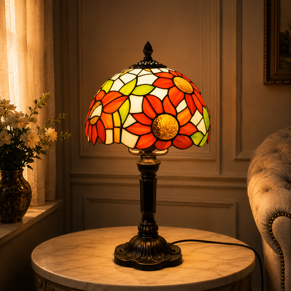 Tiffanylampa Sunfield tänd – blommotiv i orange och grönt glas