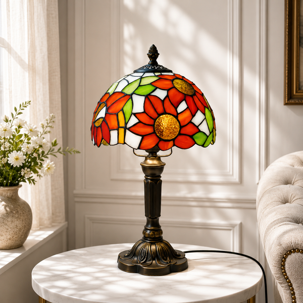 Tiffanylampa Sunfield bordslampa med bronsfot