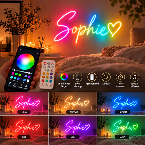 GlowName RGB neonlampa med namn i rosa, varmvitt, havsblått, rött, lila och grönt – styrs med app och fjärrkontroll