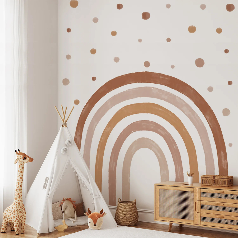 Boho regnbåge väggdekor med prickar i barnrum med tipitält och gosedjur