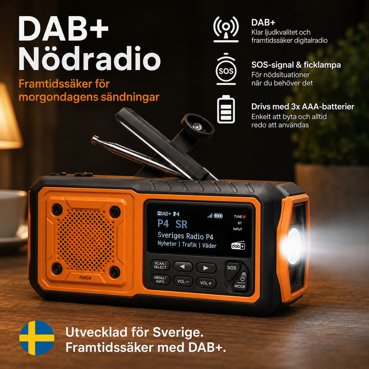 Nödradio med Vev, Solcell och 5000 mAh Powerbank – FM/DAB+