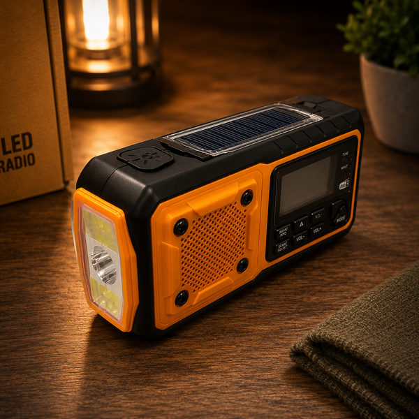 Nödradio med DAB+ och FM, 5000 mAh powerbank, solpanel och vev