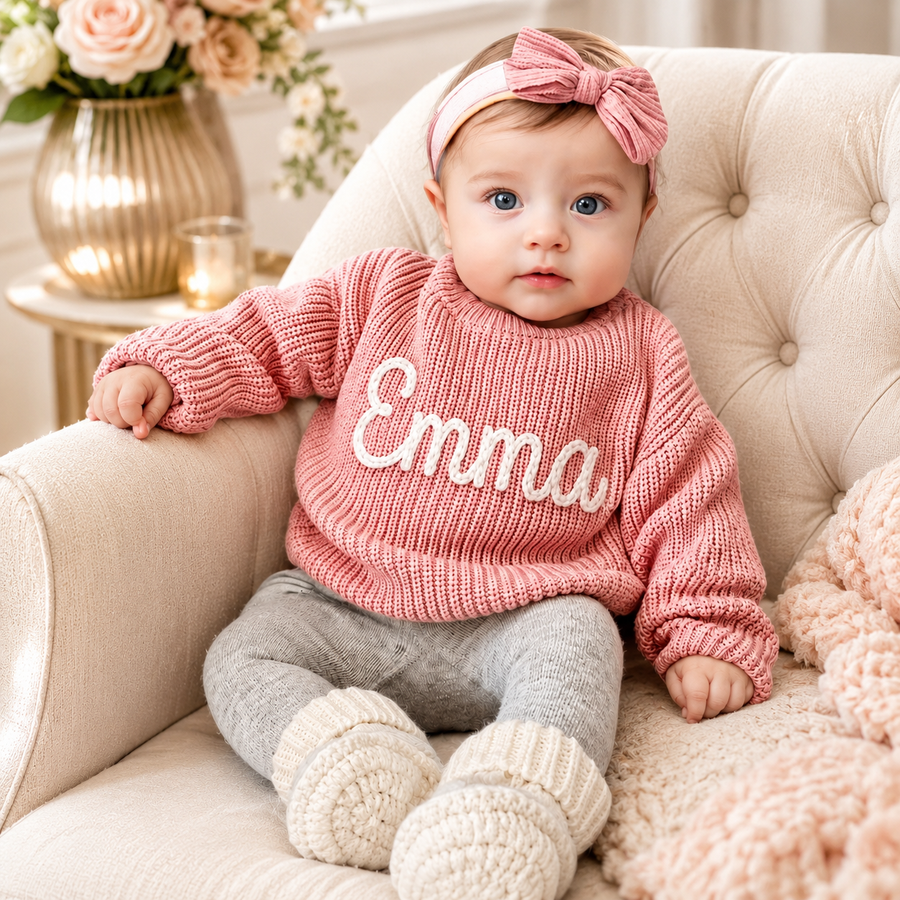 Personlig babytröja med handstickat namn