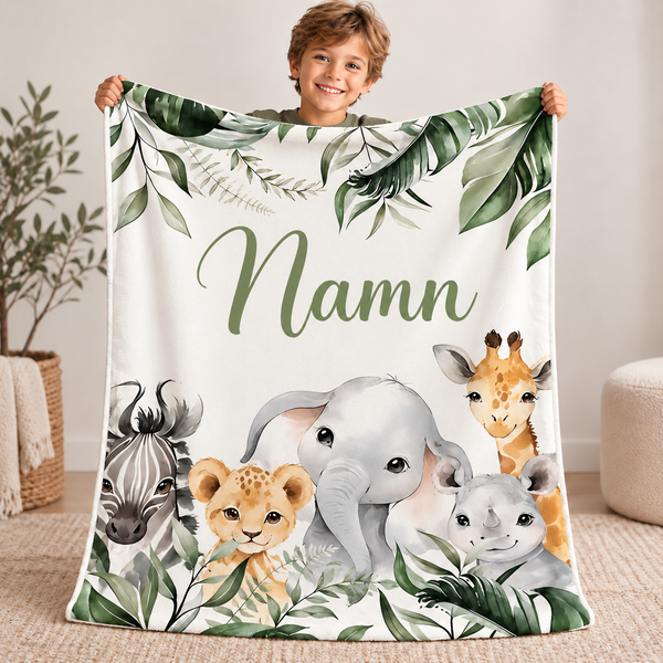 SnuggleName fleecefilt med namn – Safari gröna blad med djungeldjur