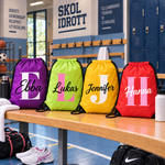 GymSack gympåsar med initial och namn i lila, neongrön, gul och röd