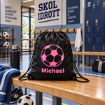 GymSack gympåse i svart med rosa fotboll och namn
