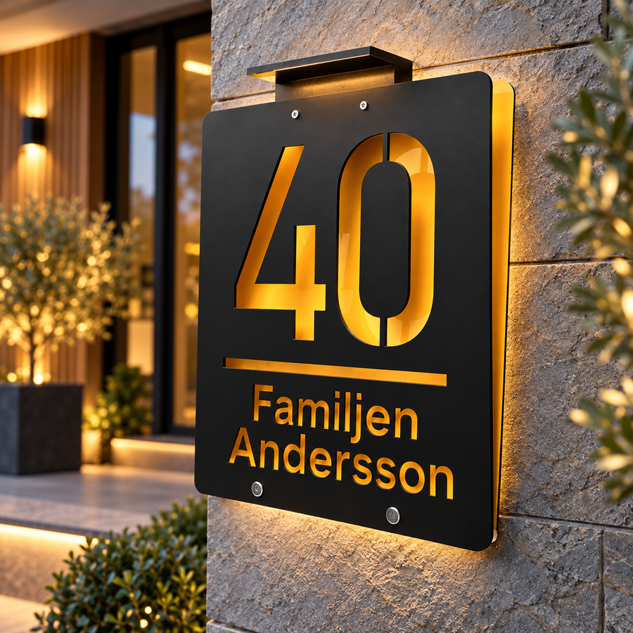 Solcellsdriven Adresskylt med Namn – Upplyst 3D Husnummer 28 × 24 cm