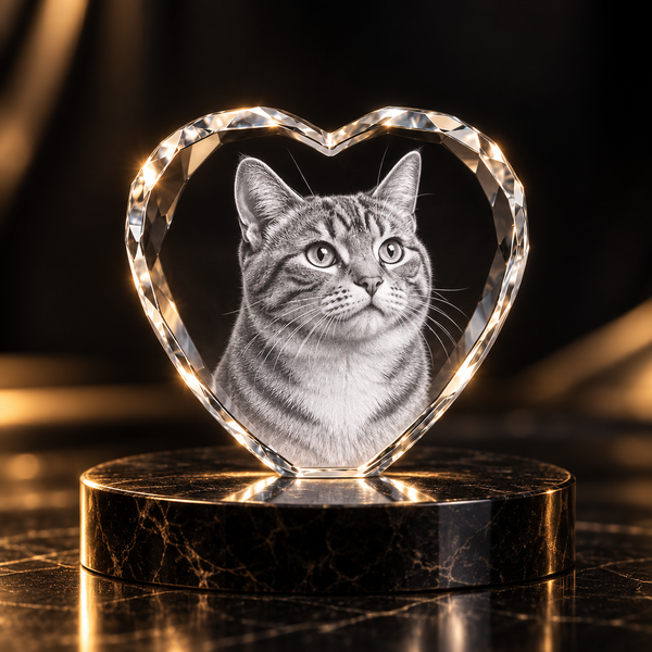 MemoraPet kristallhjärta med lasergraverat foto av katt