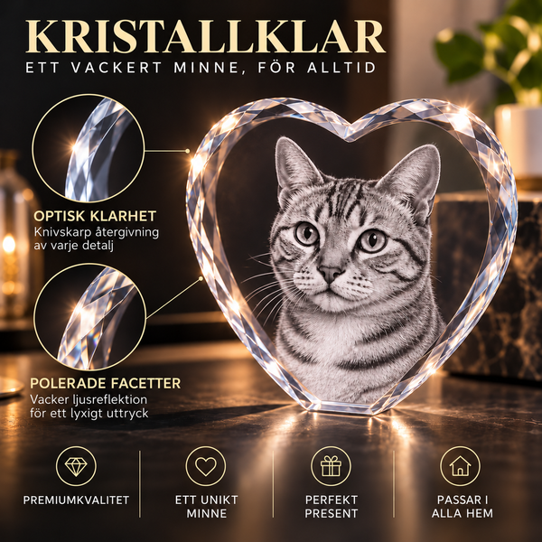 MemoraPet kristallhjärta med graverat foto av katt