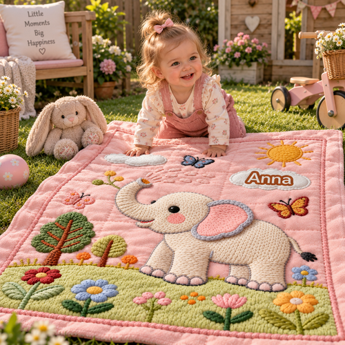 ElliName babyfilt med namn och elefant – rosa