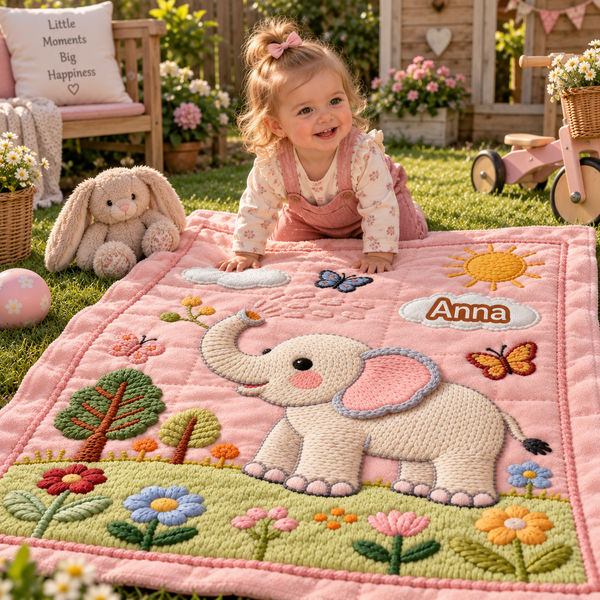 ElliName babyfilt med namn och elefant – rosa