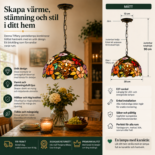 Tiffany Taklampa Blossom – Hänglampa i Glasmosaik med Blommor, 30 cm