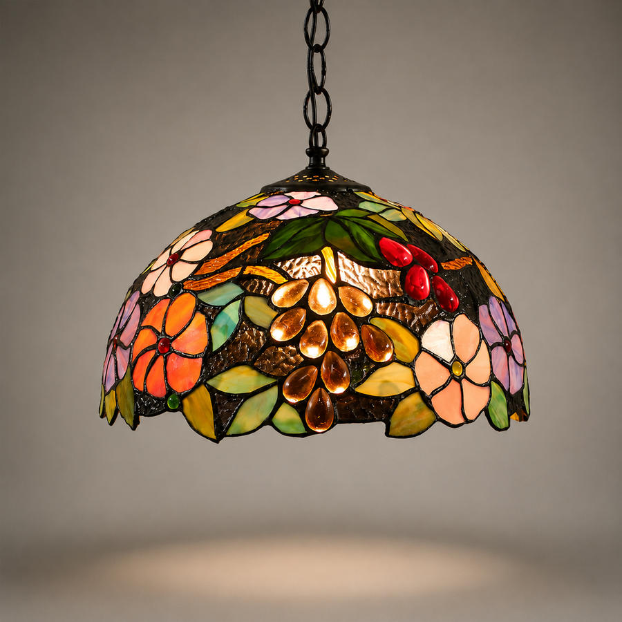 Tiffany taklampa Blossom – hänglampa med blommotiv i glasmosaik