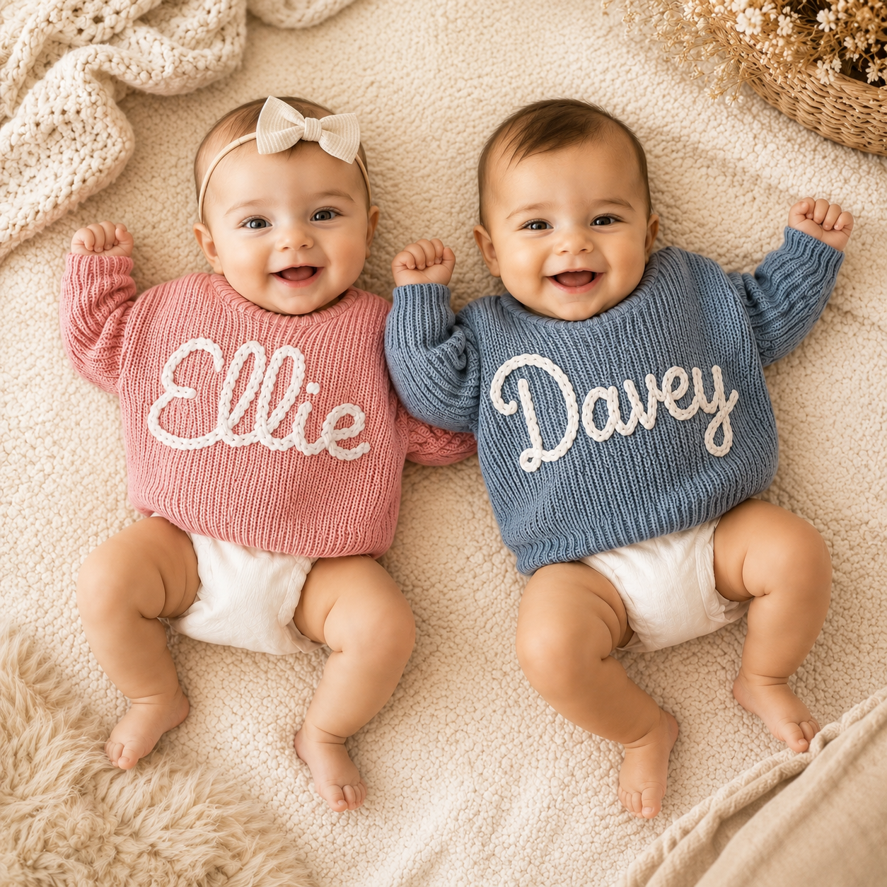 Handstickad babytröja med namn