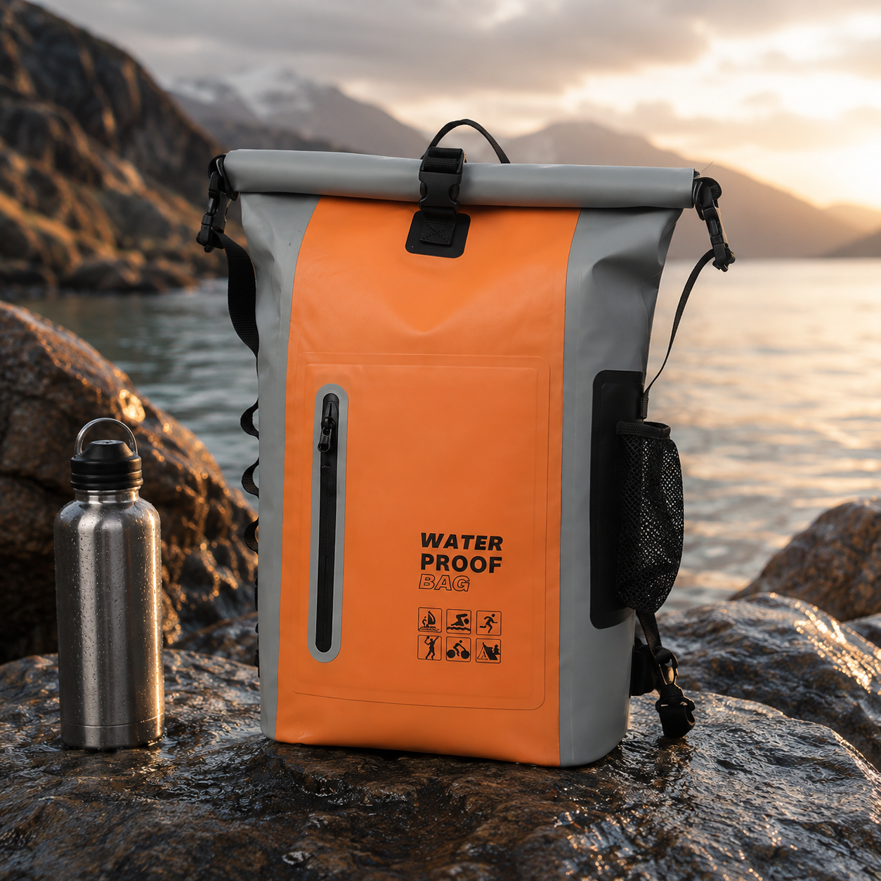 Orange vattentät drybag-ryggsäck med rullförslutning